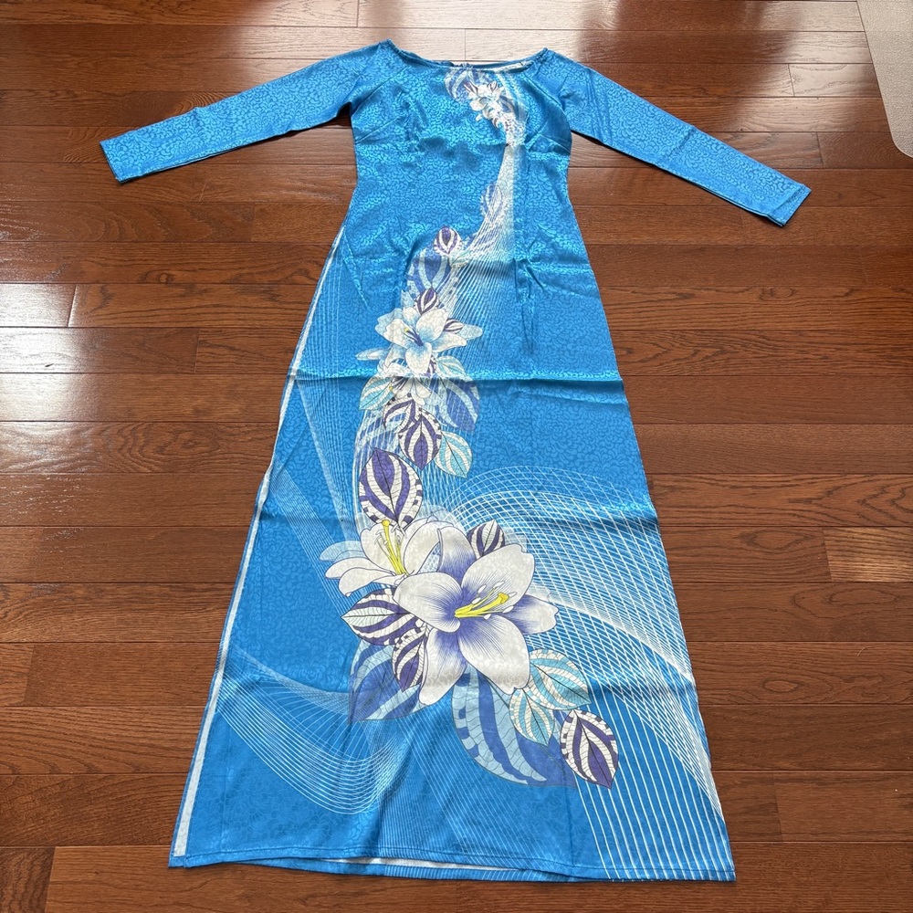 Viet Huong Collection Ao Dai Blue with Floral Print M